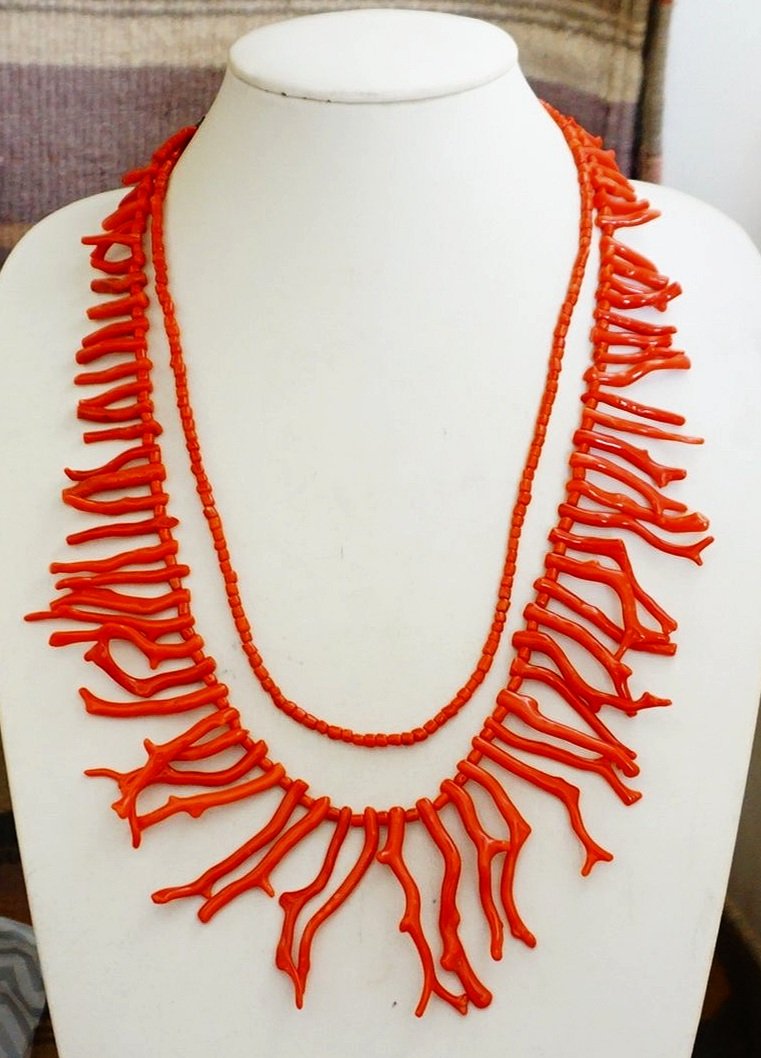 Item #1019B- Rare Navajo Double Strand Mediterranean Branch Coral Cluster  Necklace by EM Teller —Mens and Womens Native American Various Stone  Necklaces