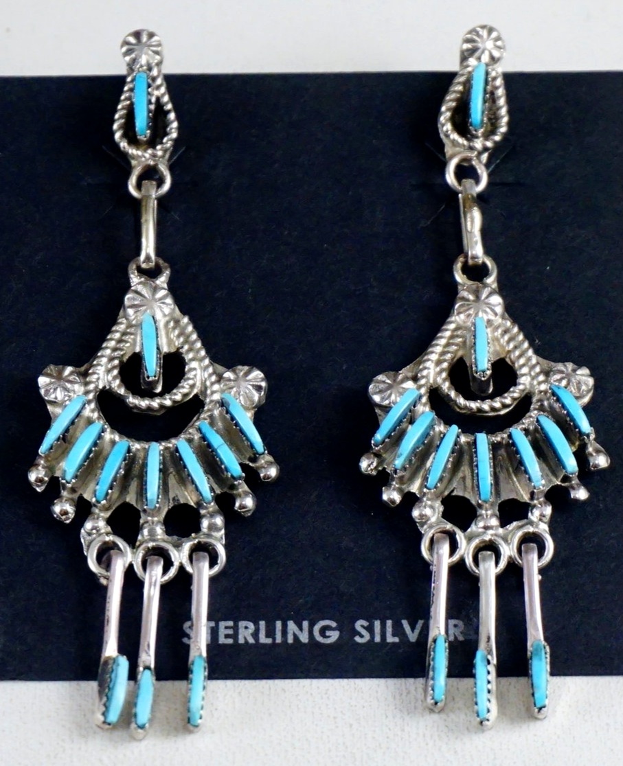 Handm Native American Zuni Sterling Silver Turquoise Petite Point Post Earrings 