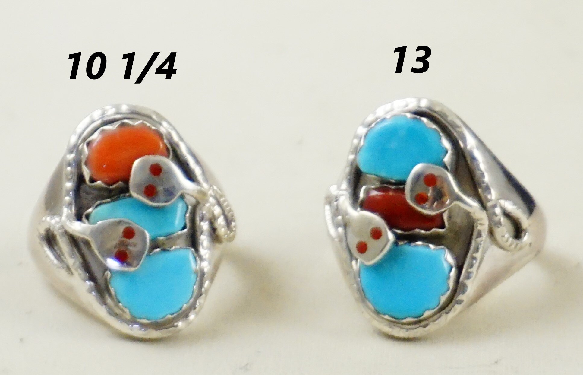 Effie Calavaza Zuni Turquoise and Coral Snake Native Ring Sterling Silver Sz 8.5 