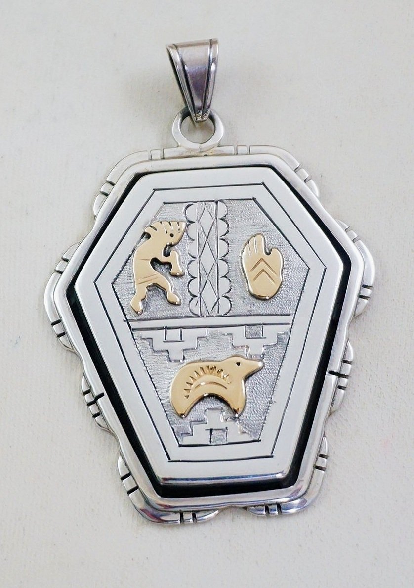 Item #1024X- Navajo 14K Gold Symbols Overlay Sterling Silver Decorative  Pendant by E.Thompson —Native American Silver Pins-Pendants- EAGLE ROCK 