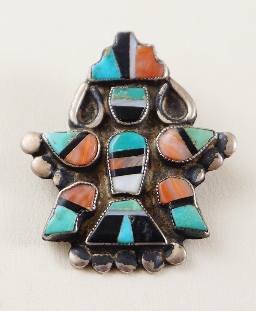 Vintage Sterling Silver Multi-stone Turquoise Inlay Pendant Brooch Necklace