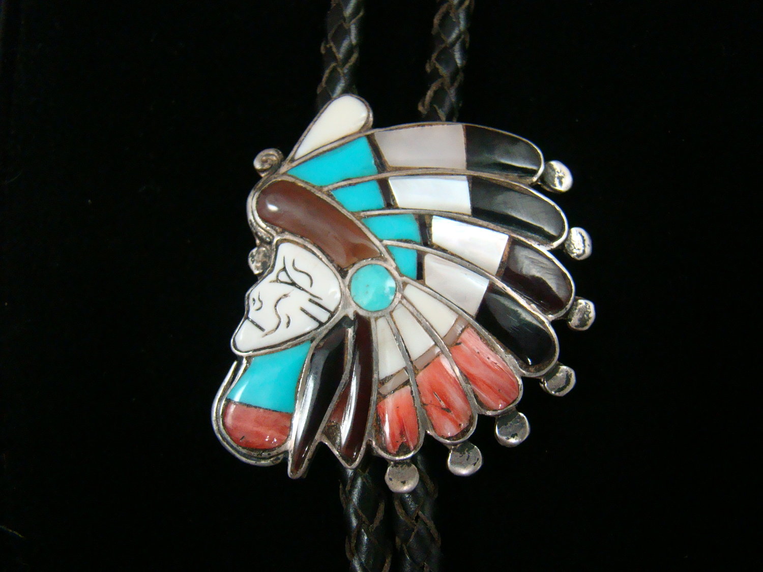 Item #809B- Vintage Zuni Multistone Inlay Chief Bolo Tie by R.Quam —*Native  American Multi Color Stone Bolo Ties- EAGLE ROCK TRADING POST-Native 