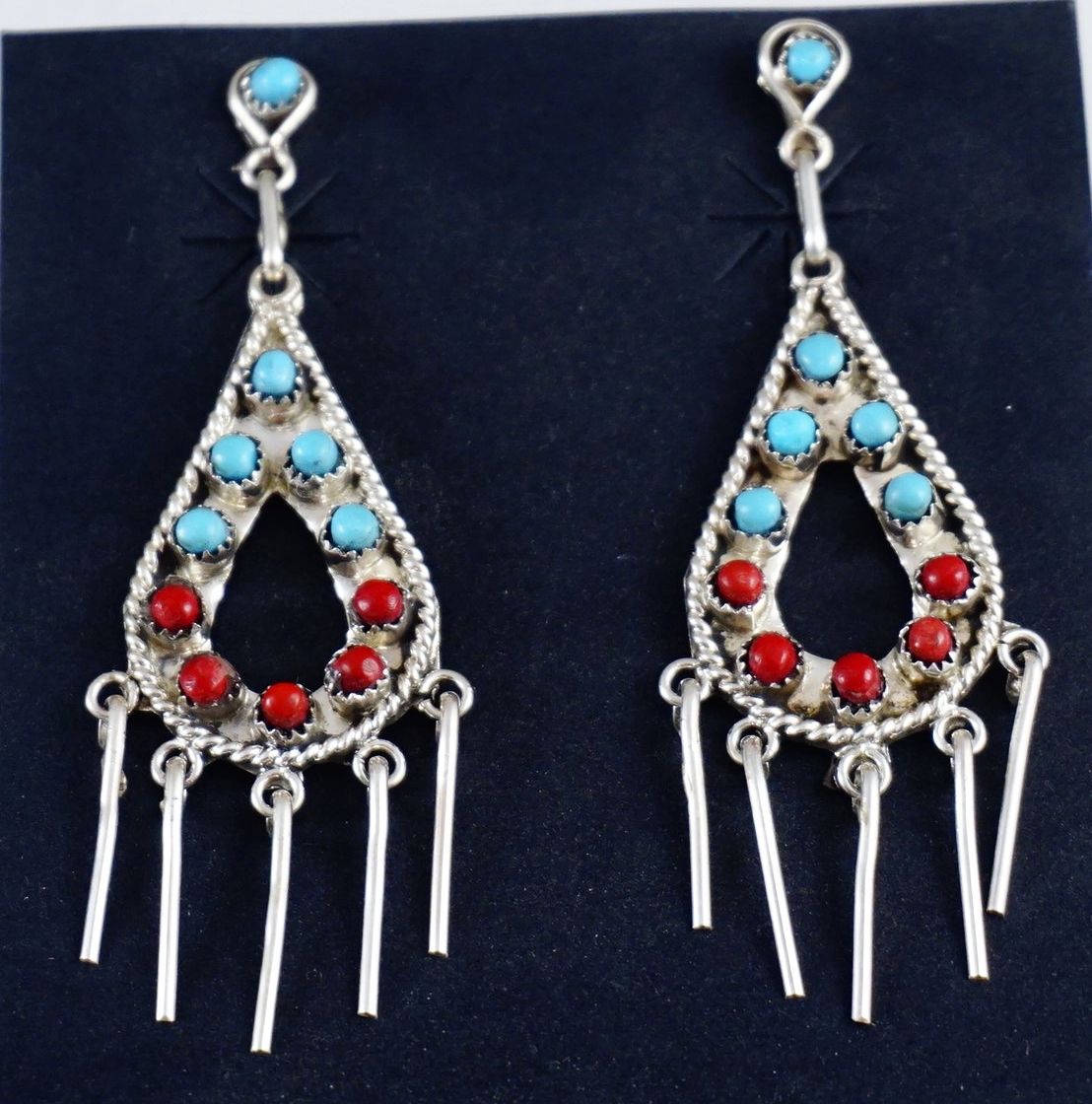 Vintage ZUNI Indian silver & TURQUOISE dangle pierced EARRINGS