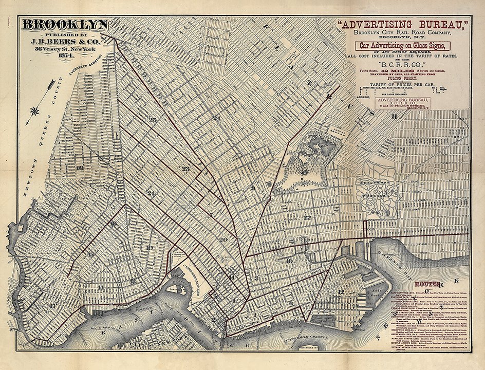 Antique Map Of Brooklyn Streets 1874 Vintage New York Wall Art