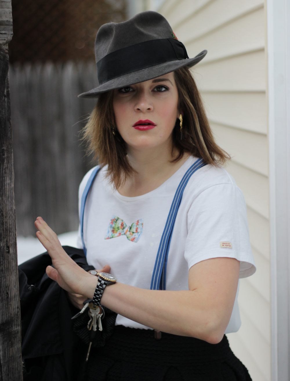 Menswear for women - suspenders, hat, bowtie - on Belle Meets World blog