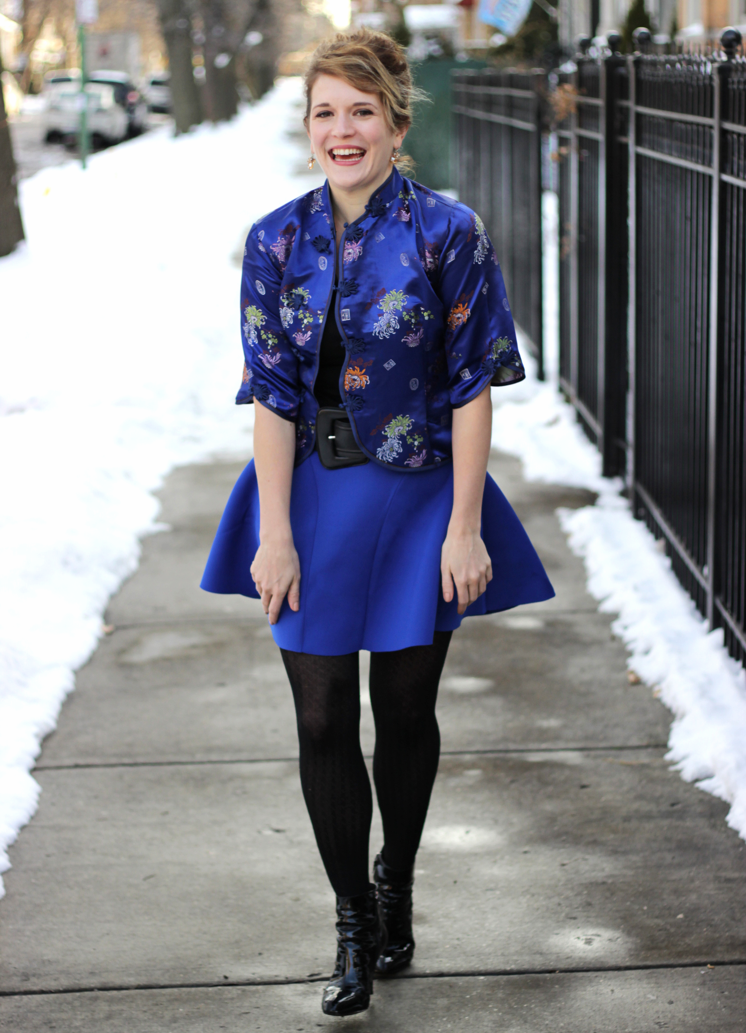 Blue on blue - chinese jacket and neoprene skirt - belle meets world blog