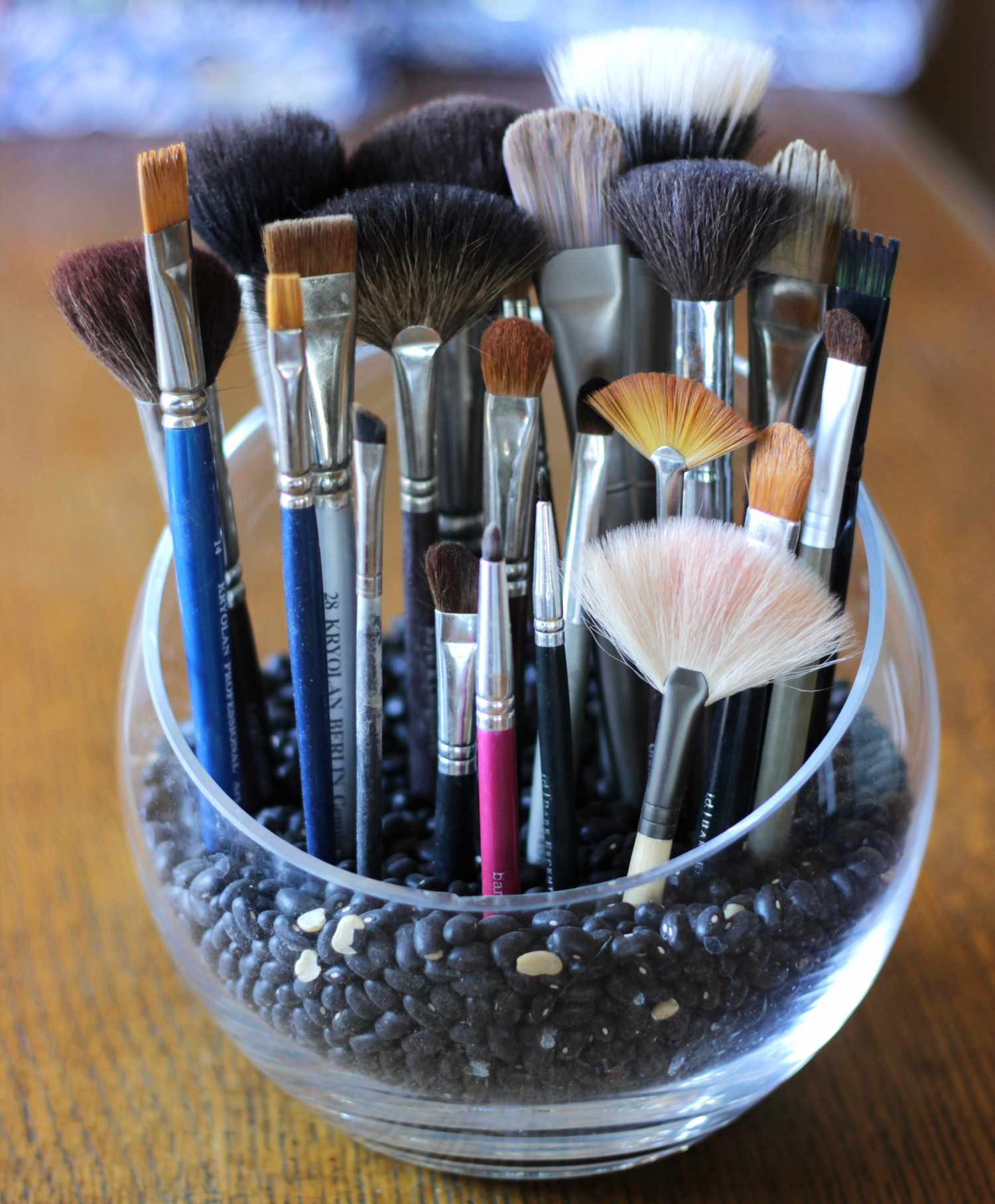 Make up brush storage in a bowl of beans on belle meets world blog