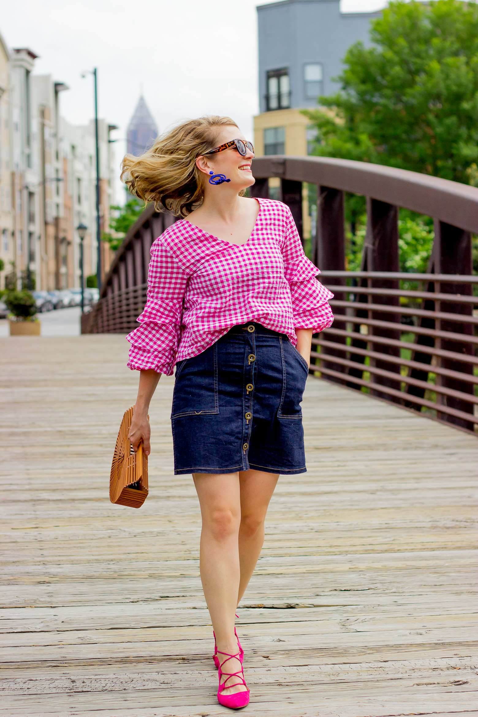 Pink Ruffle Top and denim skirt on Belle Meets World blog