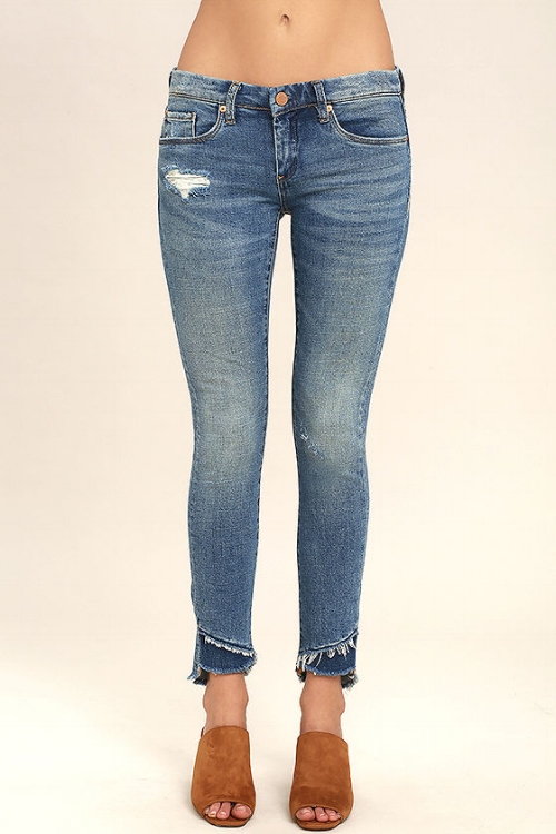   Blank NYC Skinny Classique Medium Wash Distressed Skinny Jeans   5. I love the slightly different take on the raw hem and the darker patch of fabric below the first hem. These jeans have a slightly worn in look but could easily be dressed up or down! 