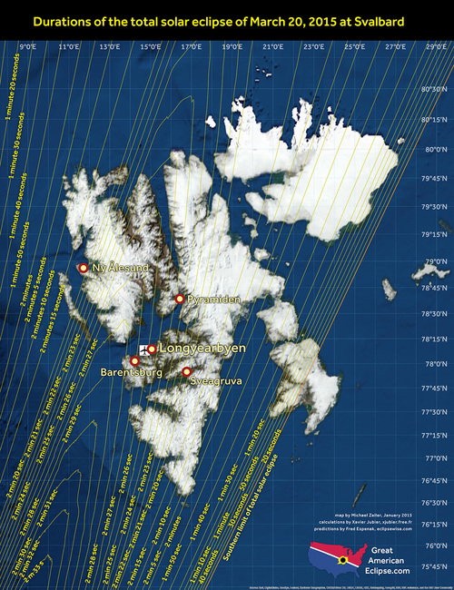 Detailed map of totality through Svalbard
