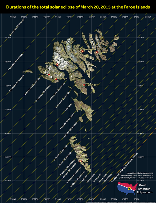Detailed map of totality through the Faroe islands
