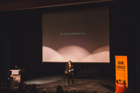 Julia presenting at PowHERTalks Sechelt November 2015