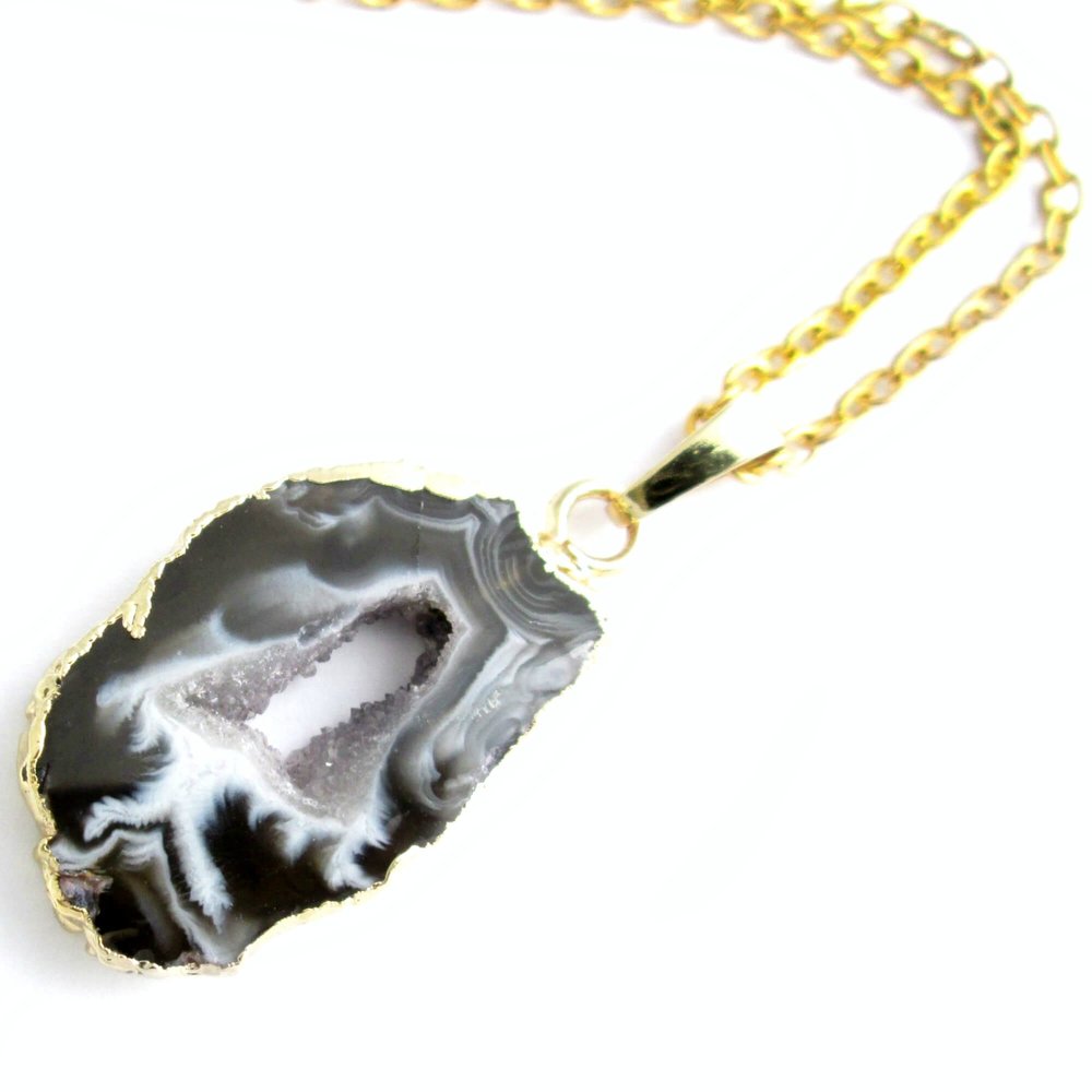 Large Oco Geode Necklace Natural Druzy Crystal Slice Side Pendant Gold
