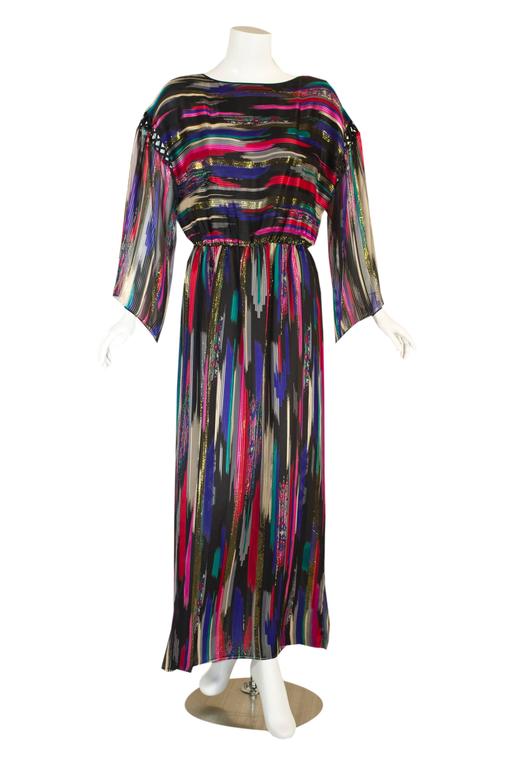 Hanae Mori 1980 Colorful Metallic Silk Chiffon Caftan Dress with Tags 1 copy l - FLUFFY GARMENTS OF THE 80's