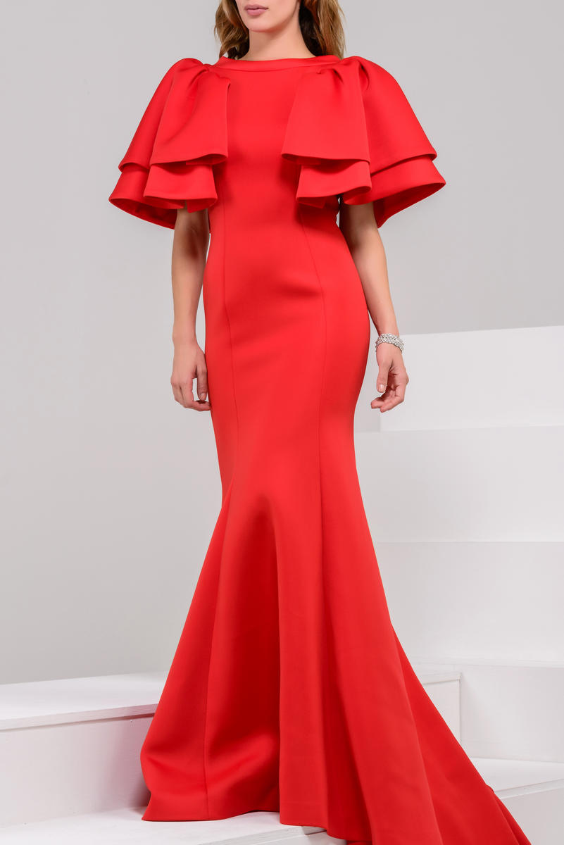 Red Scuba Short Sleeve Evening Gown 