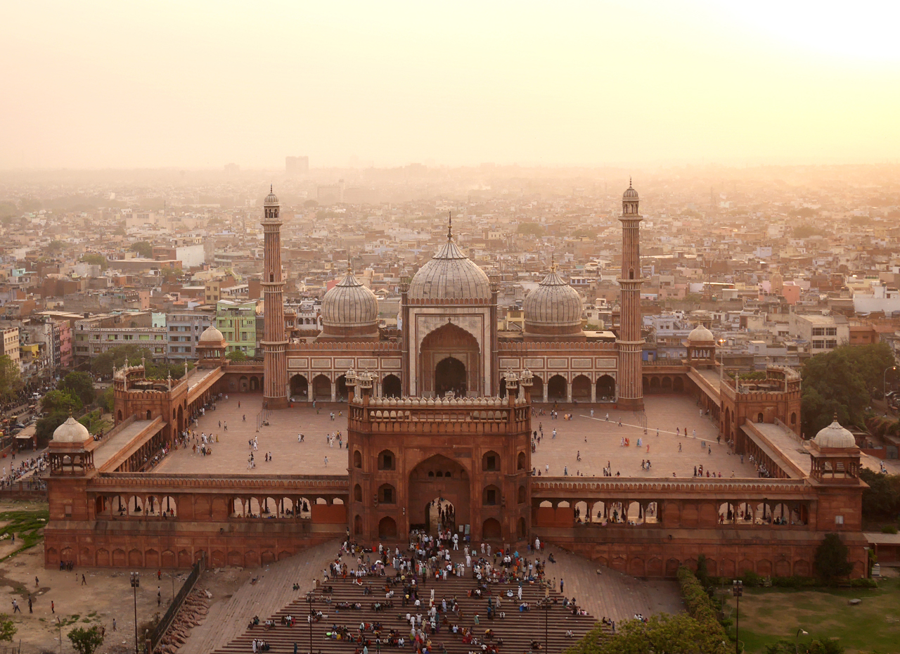   Jama Masjid, the heart of Islam in India. The red sandstone structure was built under the orders of the Shah Jahan, the same Emperor who commissioned the Taj Mahal.   