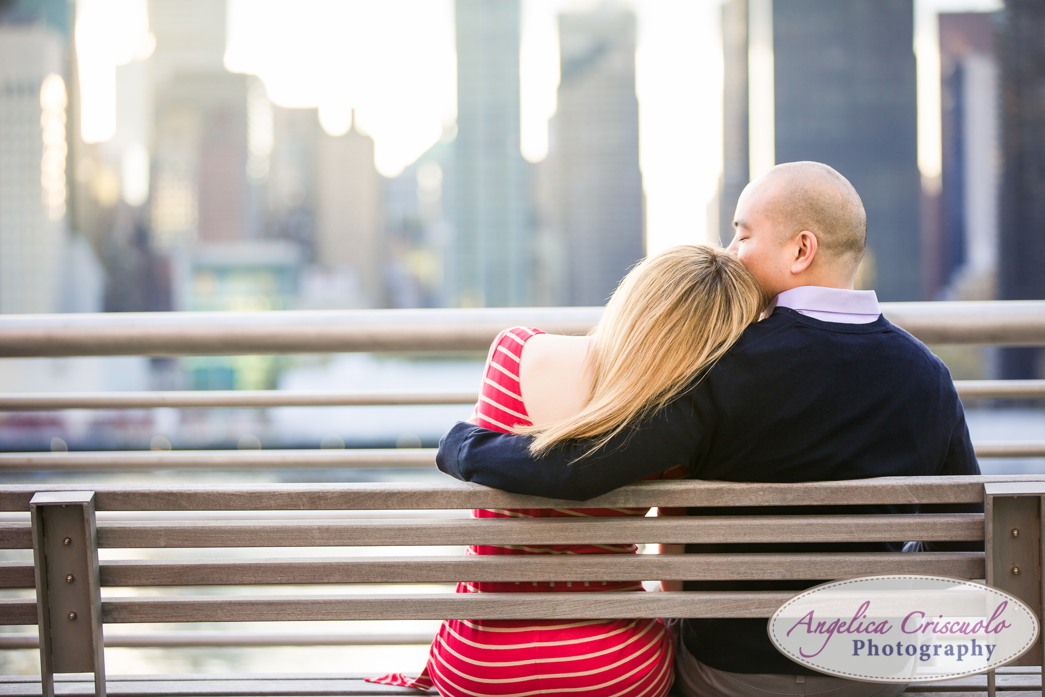 Queens Long Island City New York Engagement Photos in Gantry State Park Bench