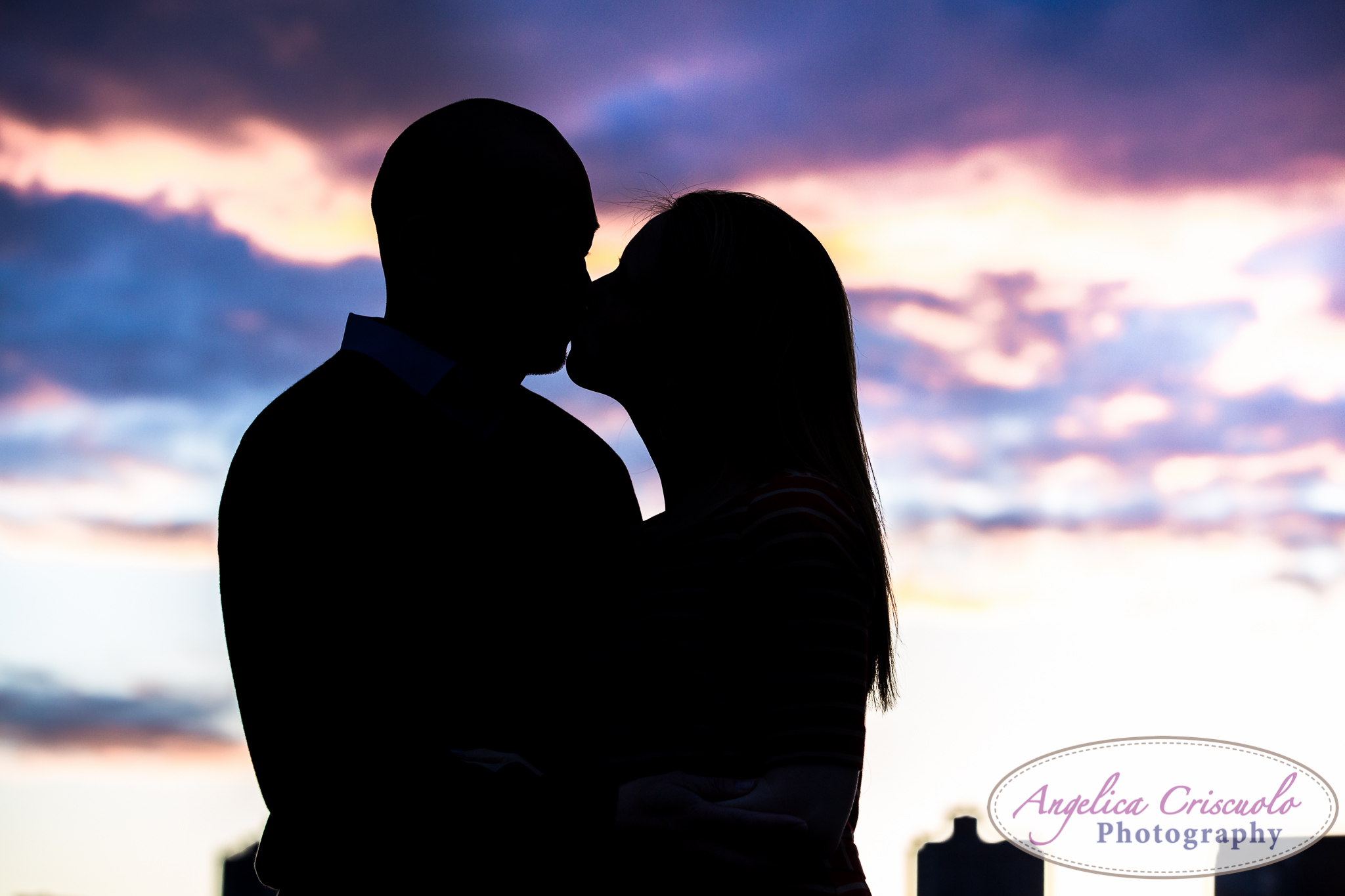 Queens Long Island City New York Engagement Photos in Gantry State Park Sunset Silhouette