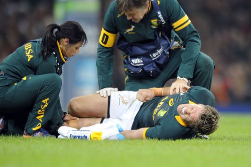 Springbok captain Jean de Villiers receives medical attention after sustaining a career threatening injury against Wales last year. Image supplied by Jean de Villiers. 