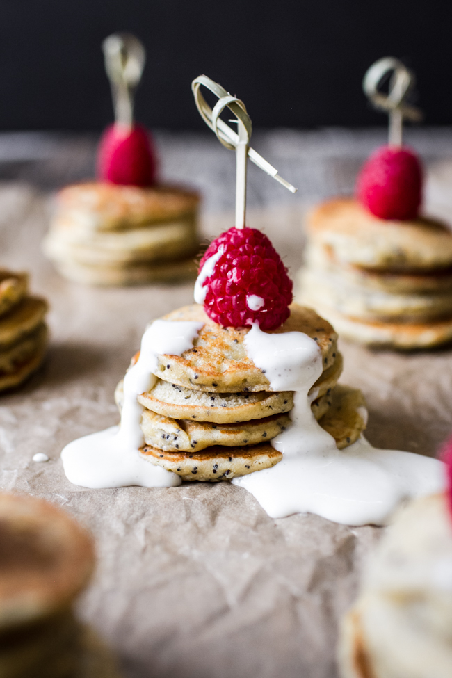 Mini Lemon Poppy Seed Pancakes with Lemon Yogurt + Goat Cheese Sauce | edibleperspective.com