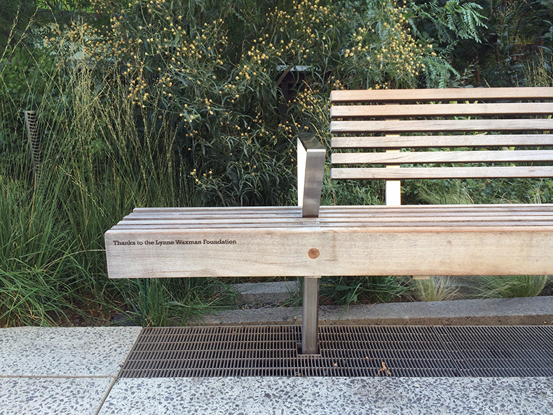Sandblasted donor names carved and infilled into New York City High Line benches.
