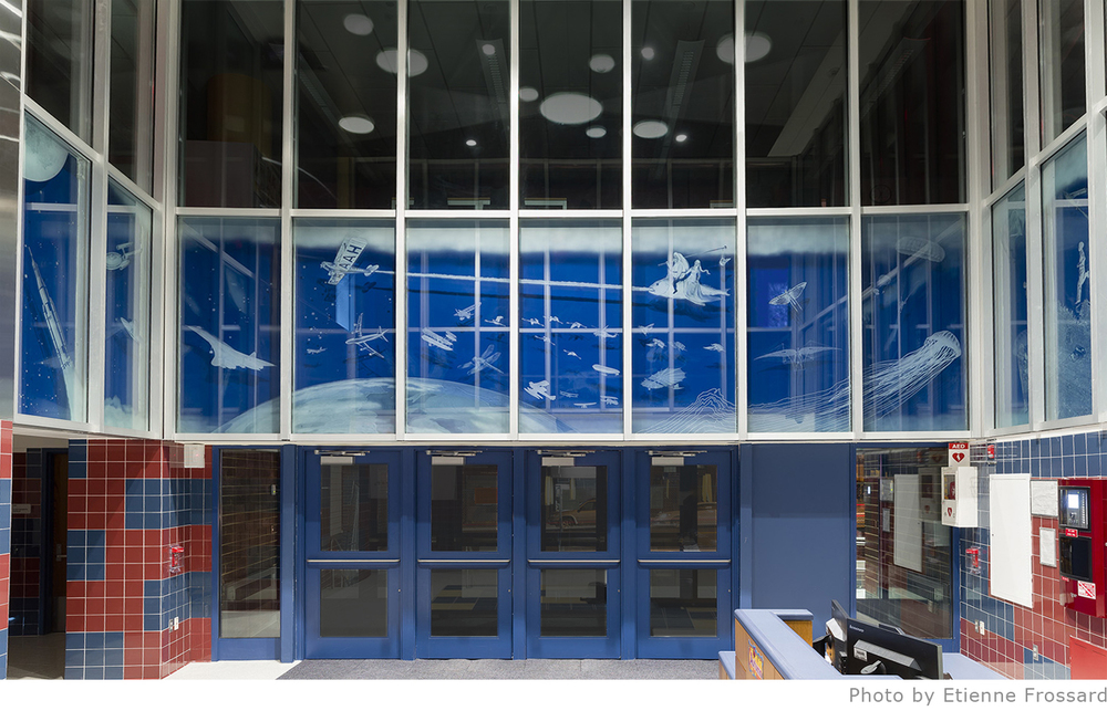 Custom etched glass mural for school in Queens.