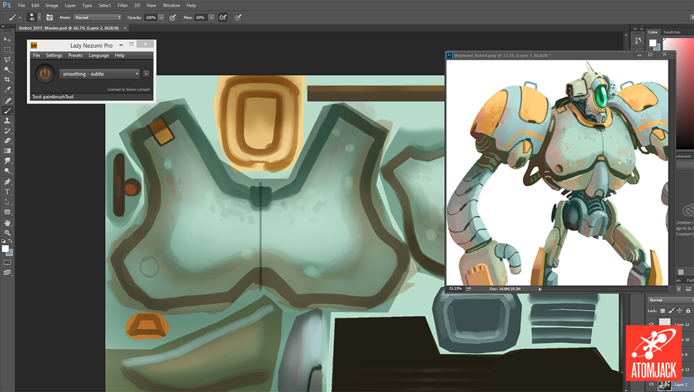 The diffuse (unlit) texture being painted in Photoshop. The concept art is kept open for quick reference.