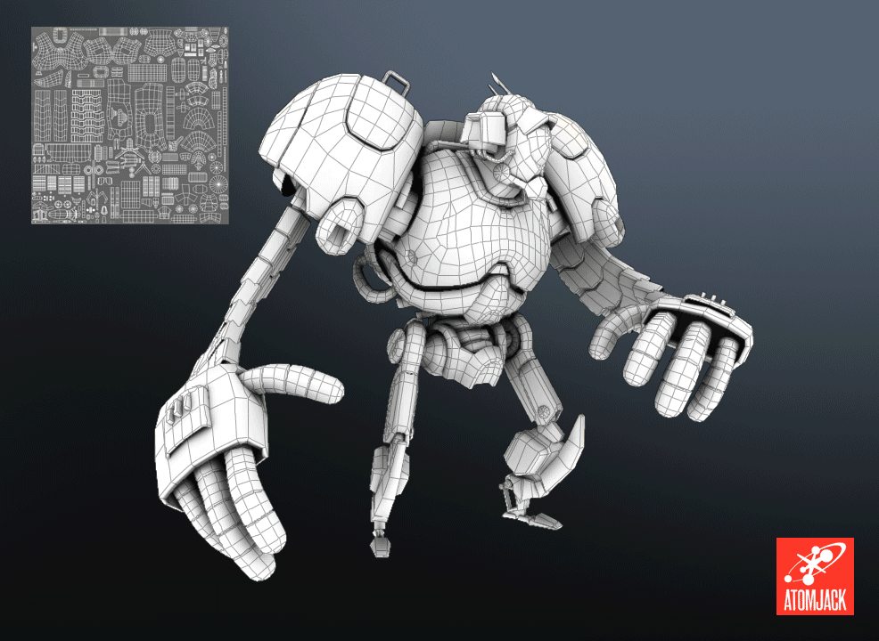 The Robot model, before and after the painted texture map is applied.