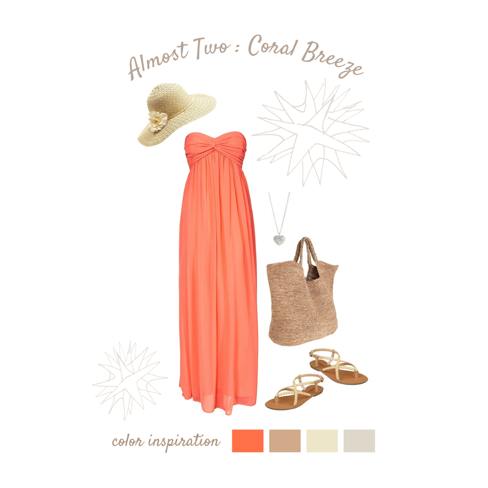 Coral Breeze Coral is a lovely color for photo shoots both indoor and outdoors! A long, flowy maxi dress keeps you comfortable while allowing you to show off your baby bump. Natural fiber accessories, such as a straw hat and woven bag, add casual elegance to your look. Sandals look great and feel great with long dresses and prevent your feet from overheating!