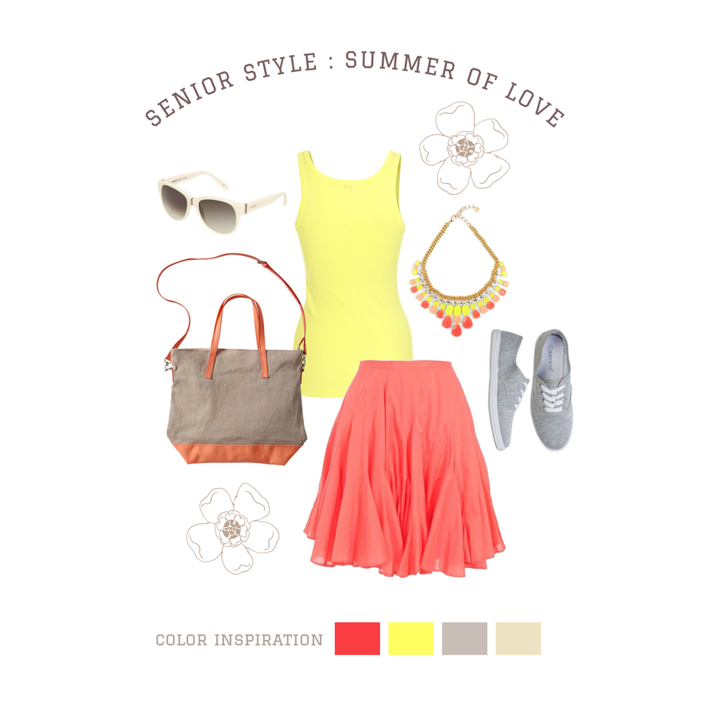 Summer of Love Coral and yellow solids form the base of the outfit, allowing interesting jewelry and accessories to create added detail. A flowy skirt adds a whimsical touch. Canvas accessories and shoes keep things casual. Natural fiber fabrics, such as cotton or linen, help to keep you cool in the warm sun!