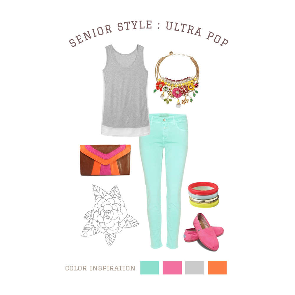 Ultra Pop A mix of quiet and loud makes this outfit a standout. Splashes of incredible, intense color create strong focal points against soft, neutral colors. Start with solid color pants and a grey tank then add color and personality with shoes and accessories! A great look for indoors or outdoors.