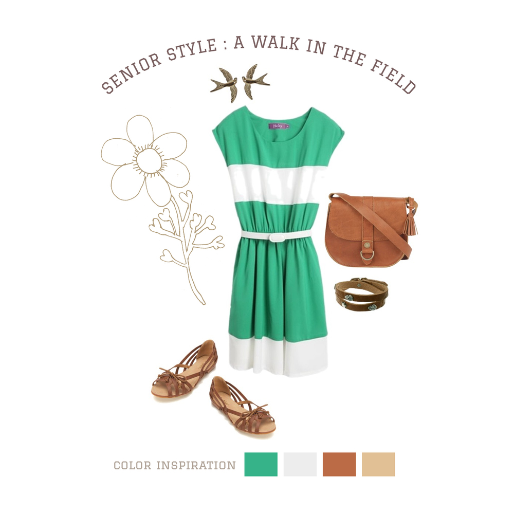 A Walk In The Field A stunning blend of emerald and natural leather make for an unforgettable outfit! Perfect for outdoor shoots, this combination creates a look both rustic and modern. Accessory details add interest to your images and allow lots of room for self-expression!