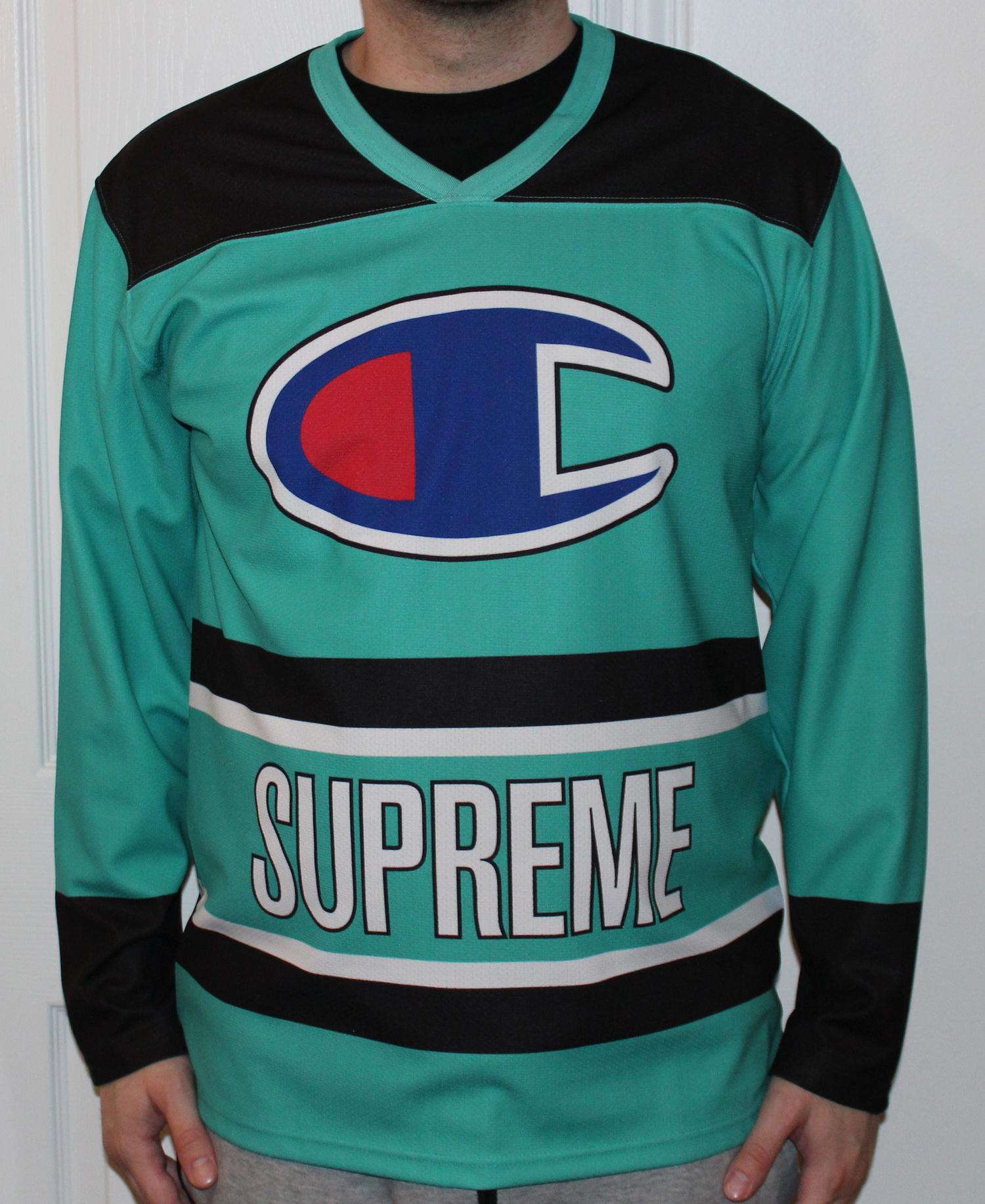 Supreme X Champion Aqua/Black Hockey Style Jersey S/S 14 (Size L) — Roots