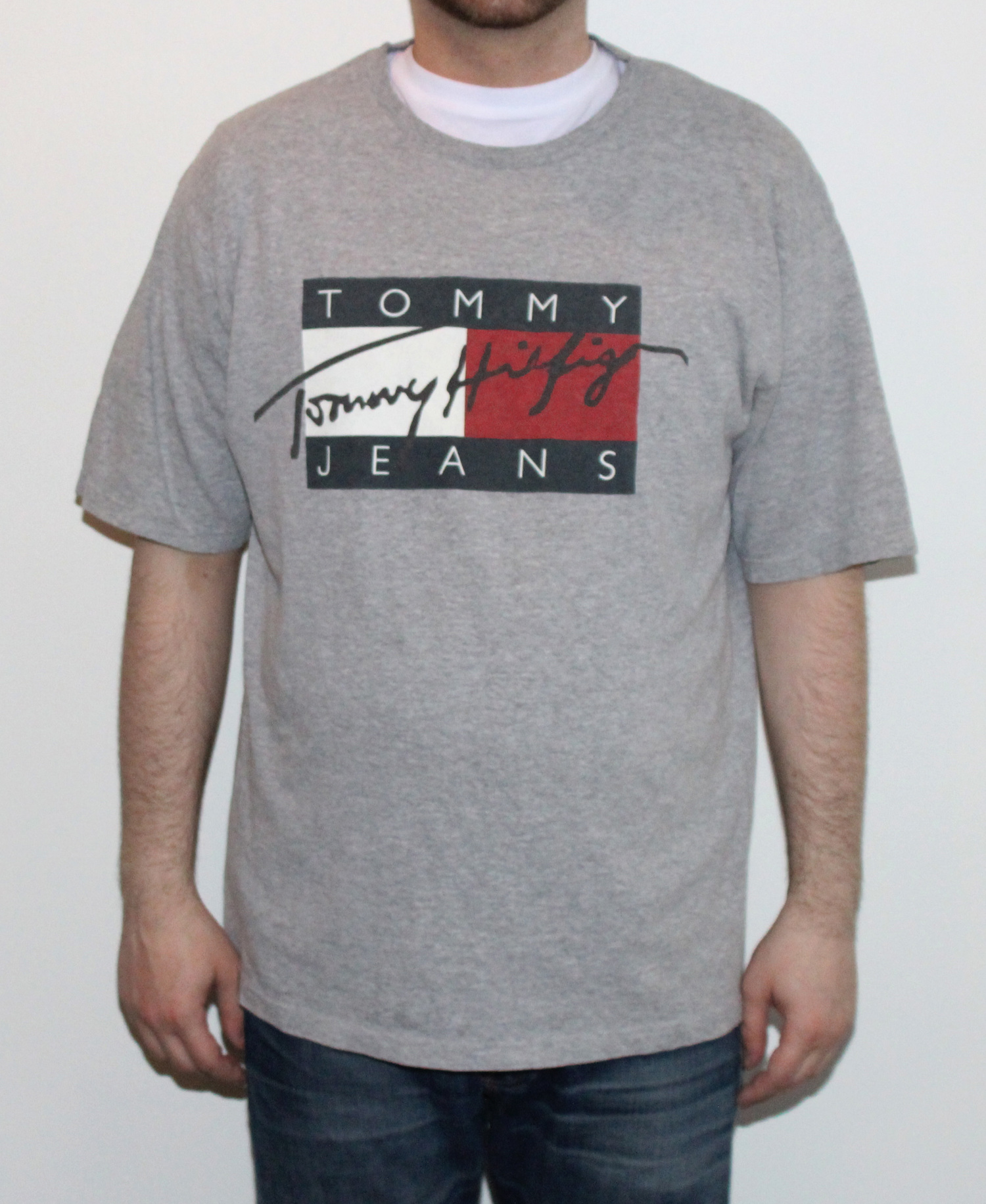 Vintage Tommy Jeans Signature T — Heather Grey Logo Big (Size Shirt L) Roots