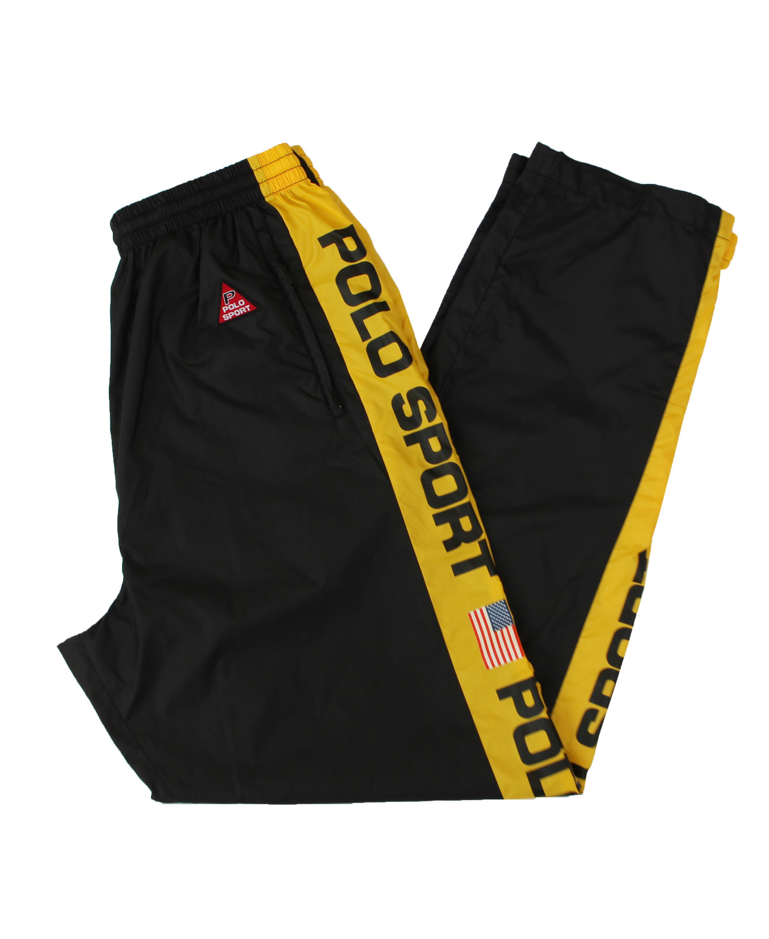 Vintage Polo Sport Ralph Lauren Black / Yellow Spell Out Windbreaker Pants  (Size L) — RootsBK