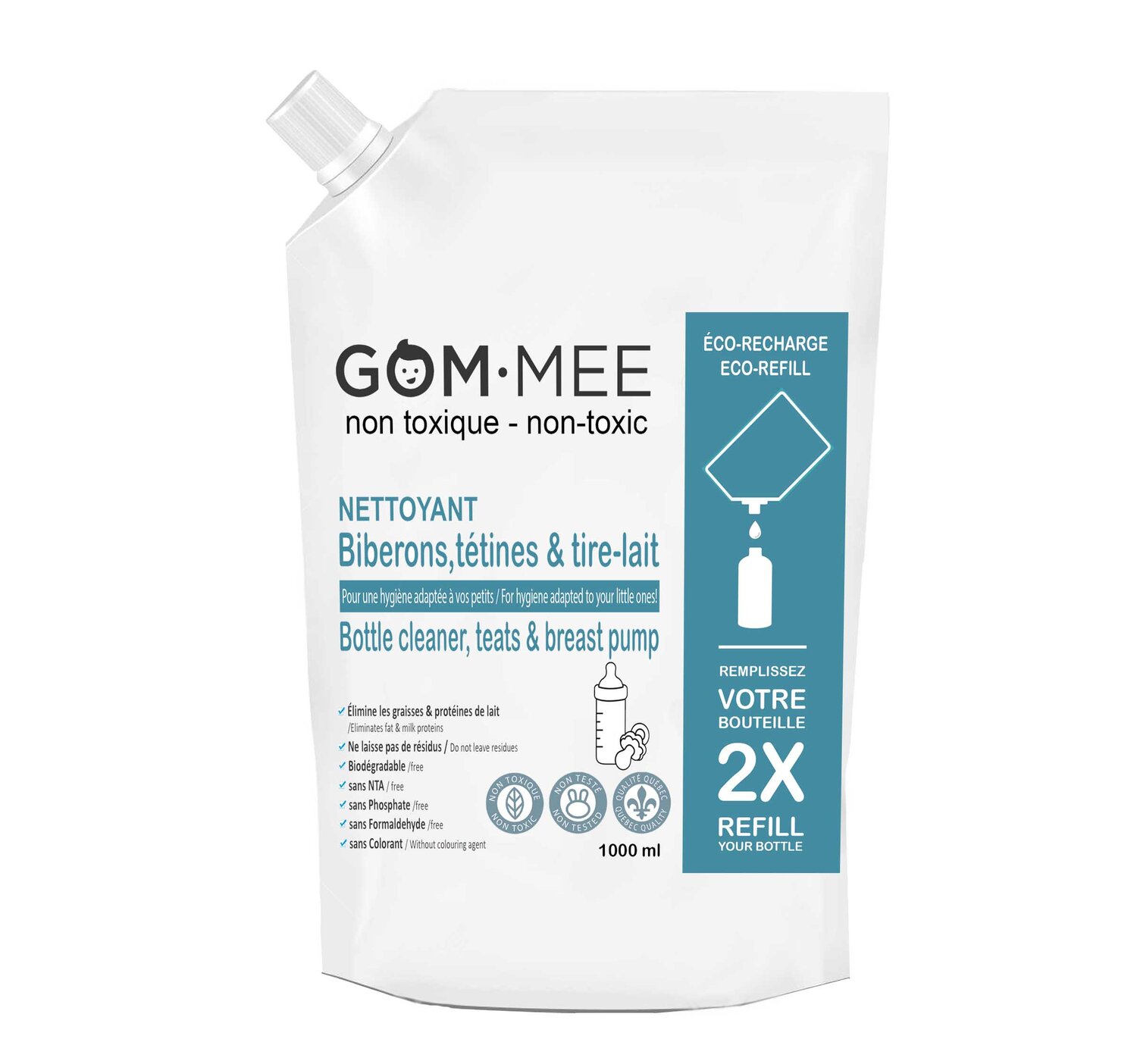 Nettoyant à Biberons Tétines Tire-lait Biodégradable RECHARGE 1000 ml   GOMMEE — GOM-MEE croûte de lait; soropon, chapeau, allaitement, eczema