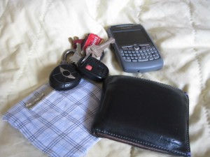 Keys, phone, wallet, hanky
