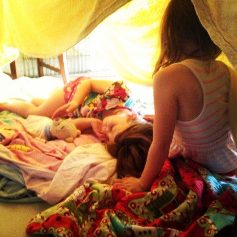 4:15pm: twins come inside and build a tent in the dining room