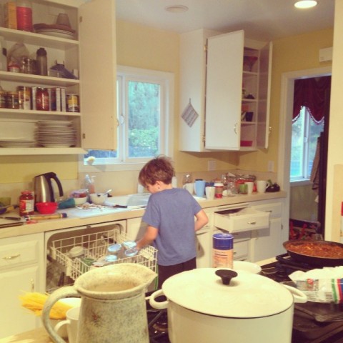 4:15pm: Boys help with chores. Jude loads dishwasher, James takes out trash