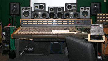 Monitors from JBL, Quested, ADAM, Sampson, and Mackie crowd the console bridge in Studio A.