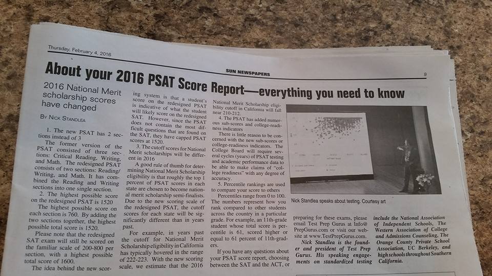 Sun Newspapers publishes article on the 2016 PSAT from Test Prep Gurus 