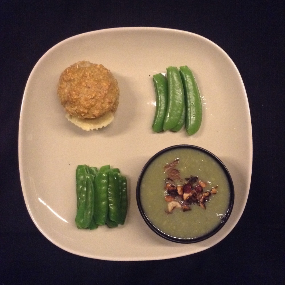  Oat bran muffins, snap peas and horse bean soup with grilled hazelnuts 