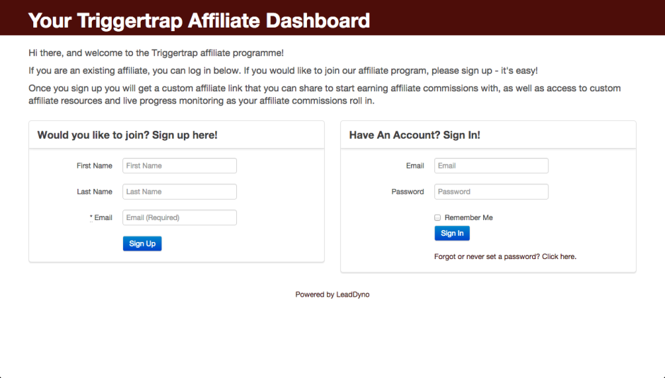 Signing up for Triggertrap's affiliate programme is remarkably easy
