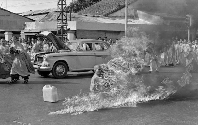 In the first of a series of fiery suicides by Buddhist monks, Thich Quang Duc burns himself to death on a Saigon street to protest persecution of Buddhists by the South Vietnamese government, June 11, 1963. (AP Photo/Malcolm Browne)