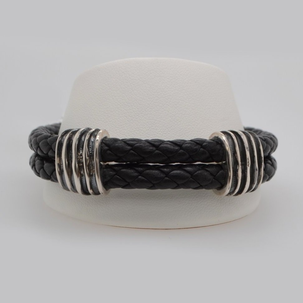 Sterling Silver Double Black Leather Grooved Bracelet — JC Jewelers