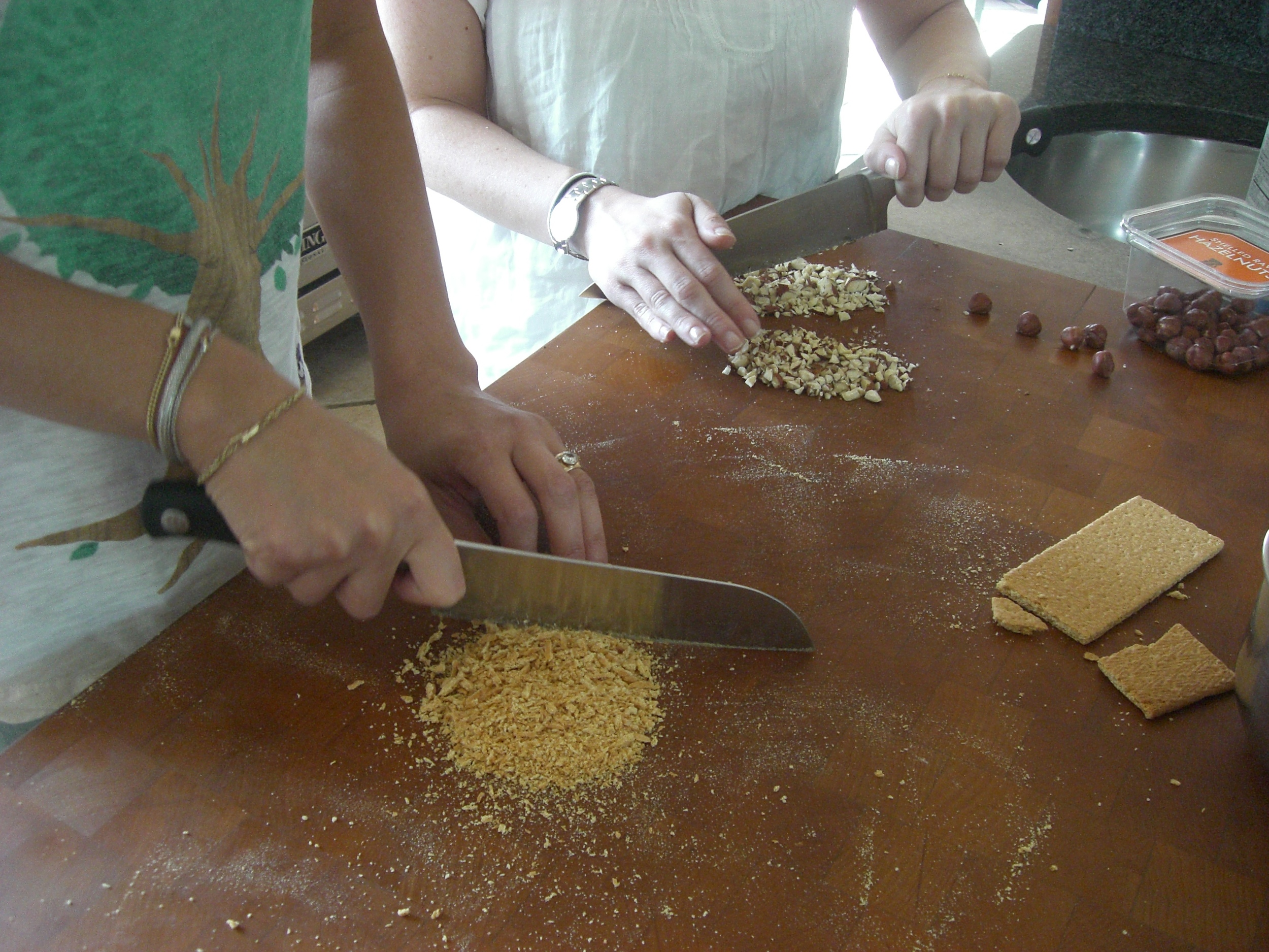 Here Liza is chopping the graham crackers for the vegan magic bars.