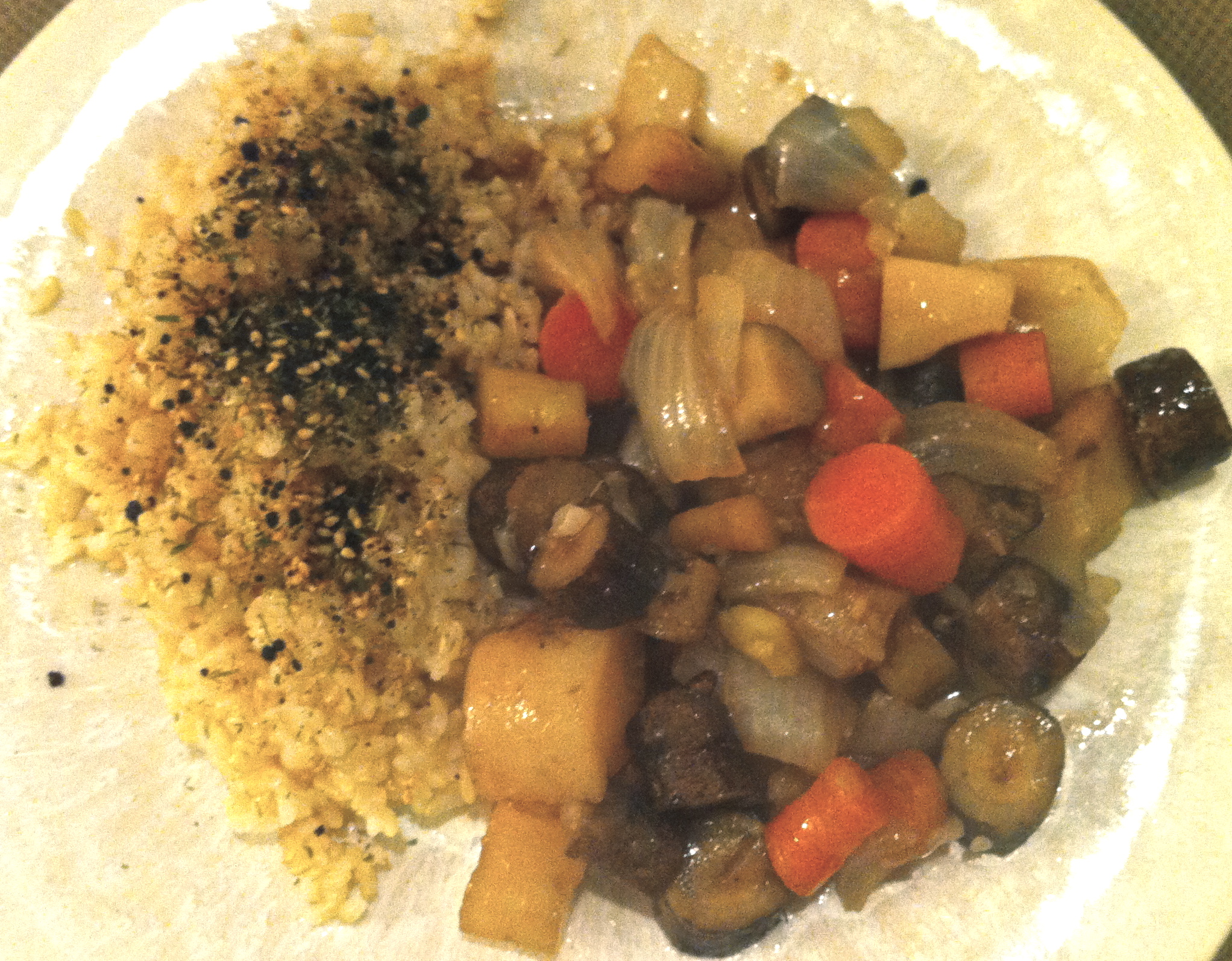 This dinner of brown rice and nishime vegetables is the perfect macrobiotic and vegan meal.