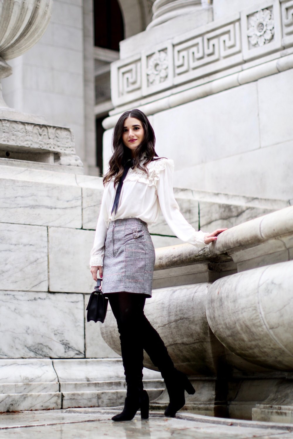 White Bow Blouse + Grey Plaid Skirt // 5 Tips To Meet Your Deadlines