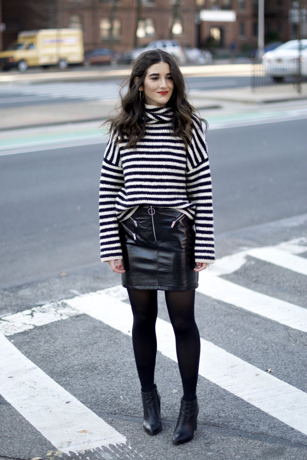 Striped Turtleneck Sweater + Pleather Skirt // The Right Way To Ask Someone To Meet For Coffee