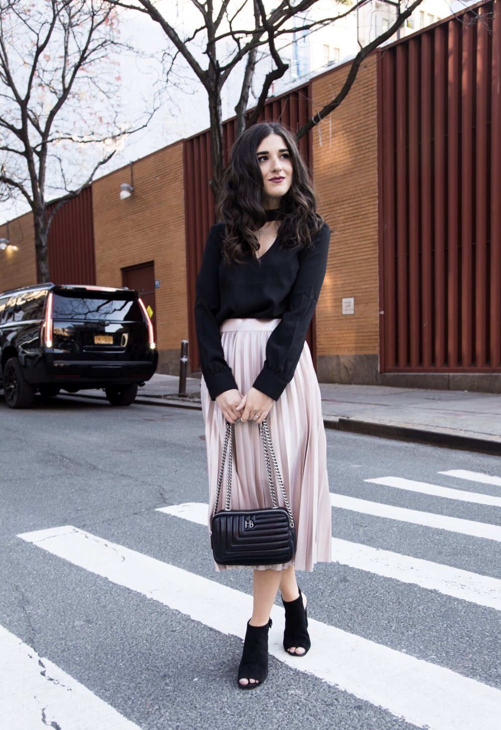 Metallic Midi Skirt + Black Cutout Top // How I Pack In Just A Carry On